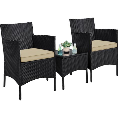 Yaheetech Set Mobili da Giardino 2 Poltrone con Cuscini e 1 Tavolino in Rattan PE Impermeabile per Esterno Nero/Cachi