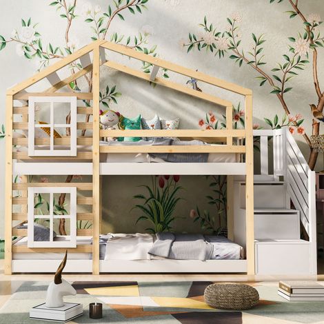 (=AB30604567W) Lit cabane pour enfant 90 x 200 cm, lit superposé pour enfants avec rangement et barrière antichute style fenêtre, naturel et blanc – 2x sommier à lattes (sans matelas) (1/5)