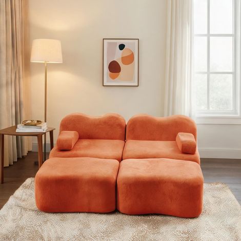Canapé modulable 2 places avec 2 poufs en velours orange (1/5)