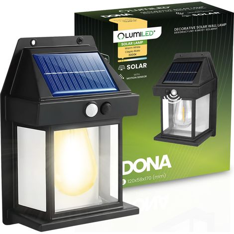 Lámpara solar de pared LED para fachadas, 3000K, IP44, con sensor de movimiento y crepúsculo, DONA LUMILED.