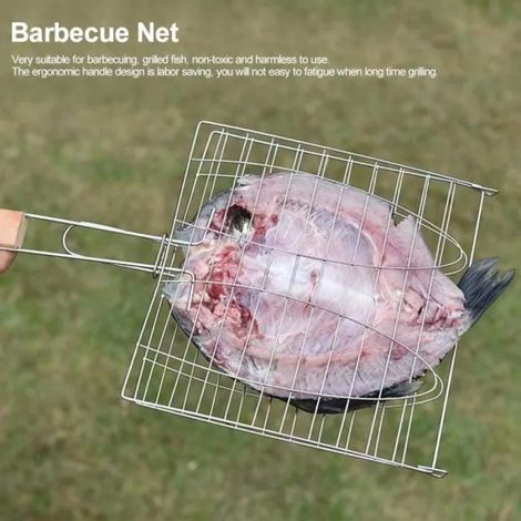 Panier barbecue antiadhésif en acier inoxydable, maille fine avec poignée, idéal pour cuire poisson et viande, compatible barbecue et four (1/4)