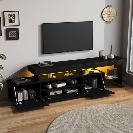 Tkopy - Meuble TV LED de 192 cm de long, meuble TV modulable à 3 éléments, meuble tv avec rangement, une commode à 3 tiroirs et une étagère de rangement externe, meuble tv noir (1/5)