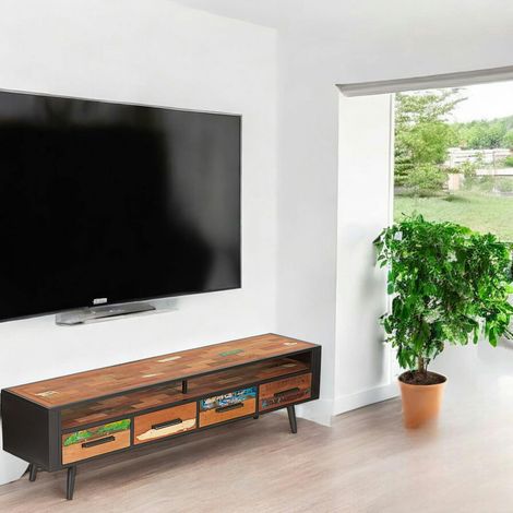 Banc TV 4 tiroirs 1 niche bois recyclé DRAKKAR (1/5)