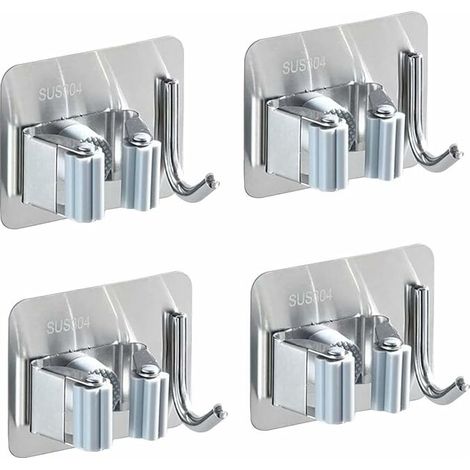Lot de 4 supports muraux en acier inoxydable - Avec 1 crochet et 1 système de blocage rapide pour serpillère, balai et outil de jardin (1/5)