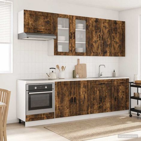 vidaXL Unité de cuisine PORTO 8 pc Chêne fumé Bois d'ingénierie (1/5)