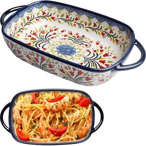 Petite cocotte en céramique: Plat à four en céramique résistant à la chaleur de 730 ml avec deux poignées Plats à lasagnes en porcelaine. Plat à lasagnes rectangulaire avec imprimé floral (1/5)