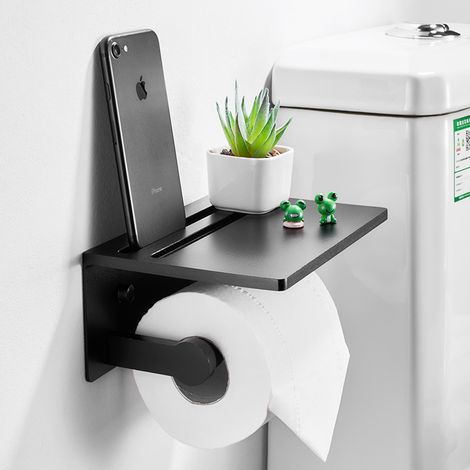 Soporte de pared para rollo de papel higiénico, no requiere perforación, aluminio negro mate con estante para baño. (1/5)