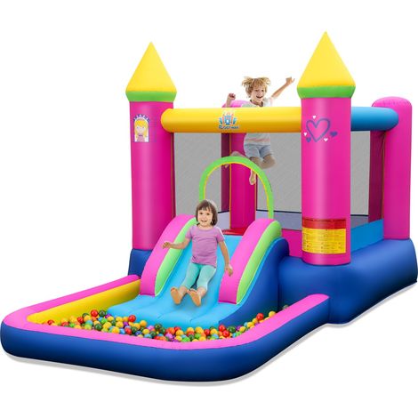 COSTWAY 4-in-1 Castello Gonfiabile per Bambini, Castello a Tema Principessa con Scivolo, Area Salto, Canestro da Basket e Vasca per Palline, Giochi Gonfiabile per 3-12 Anni (Senza Soffiatore) (1/5)