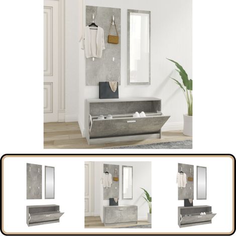 3-tlg. Flurmöbel-Set Betongrau Holzwerkstoff - Schuhschrank - Garderobe - Spiegel - Flurmöbel - Einbauschrank