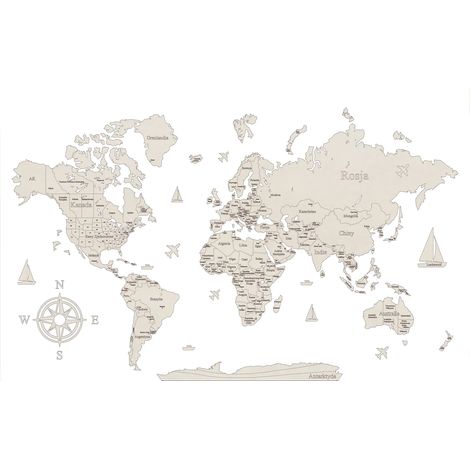 Mappa del mondo in legno 2D bianca - Modello IV Bordi + nomi di paesi, capitali e stati 160x100 cm (1/5)