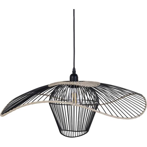 Lampada a sospensione con paralume in rattan e metallo nero Lunga (1/5)