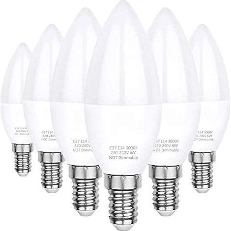 Ampoules LED E14. lumière blanche chaude 3000K. LED C37 6W (équivalent à une ampoule halogène de 60W). angle de faisceau de 360°. paquet de 6 (1/5)