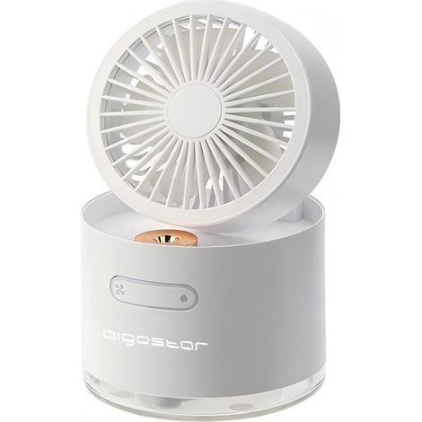 Ventilateur de table Aigostar 4 pouces à 5 pales avec nébuliseur, 3 vitesses, 2000 mAh, humidificateur portable, blanc