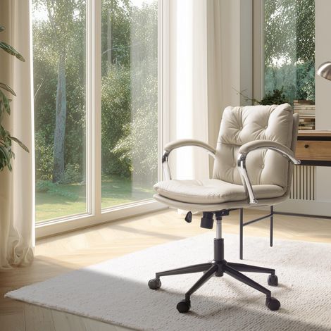 MINA - Chaise de bureau à roulettes cuir matelassé beige dossier carré (1/5)