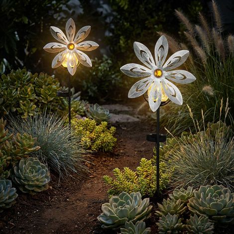 2er Set LED Außen Solarlampe Steckleuchte Gartenlampe Windrad Gartendeko Stecklampe silber grau Außenlampe Erdspieß, Metall gelb, Bruchglas, warmweiß, LxH 20x50 cm
