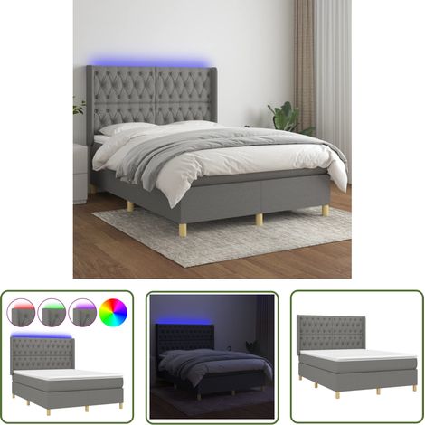 The Living Store Sommier à lattes de lit matelas LED Gris foncé 140x190 cm Tissu - Lit Plateforme - Lit Design - Lit Moderne - Lit Avec Rangement - Tête De Lit Ajustable (1/5)