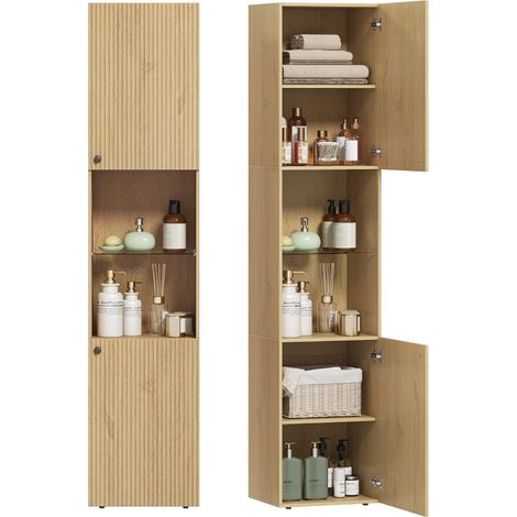 Colonne de Salle de Bain Slim avec 6 Étagères, 2 Portes, Compartiments Ouverts, Étagère en Verre Trempé, Étagères Réglables en Chêne (1/5)