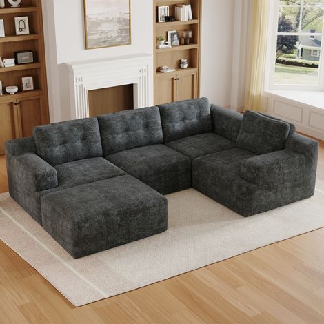 Canapé d’angle 6 places 252x180x82 cm avec configuration modulable, convertible 2 en 1, rangements, poufs, en chenille, gris (1/5)