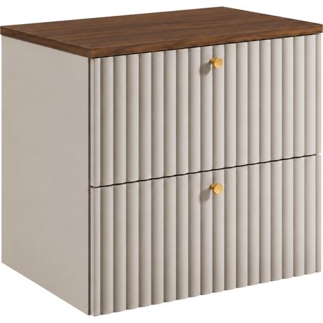 Meuble sous-vasque suspendu 60 cm, 2 tiroirs, avec plan de travail, Cachemire / Plan chêne noyer, poignées dorées, 60 x 44,4 x 58,6 cm (1/5)