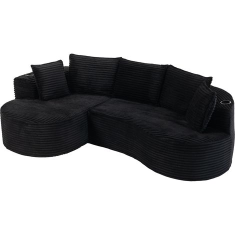 Canapé incurvé en velours côtelé avec porte-gobelets, rangement latéral et mousse haute densité – 250 x 152 x 82 cm, couleur rouge bordeaux (1/5)