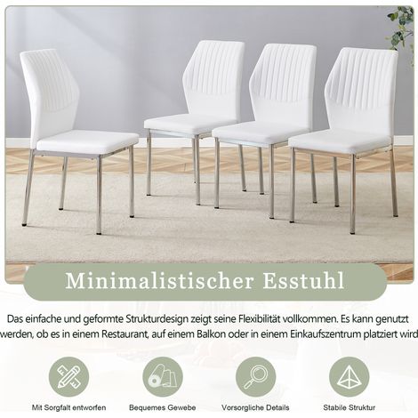 Set de 4 chaises de salle à manger élégantes, style luxe léger : dossier blanc en PU avec gaufrage vertical, pieds en métal argenté. Idéal pour salle à manger ou salon chic. (1/5)