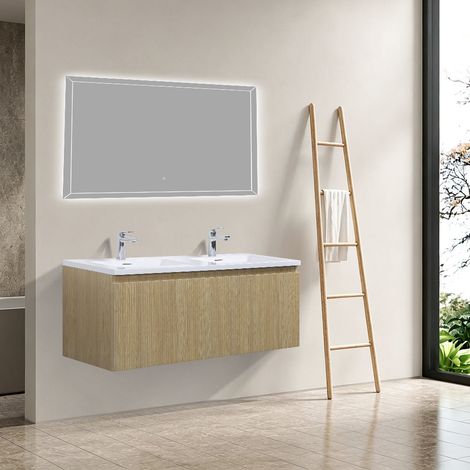 Meuble salle de bain design double vasque LINER largeur 120 cm chêne clair rainuré (1/5)