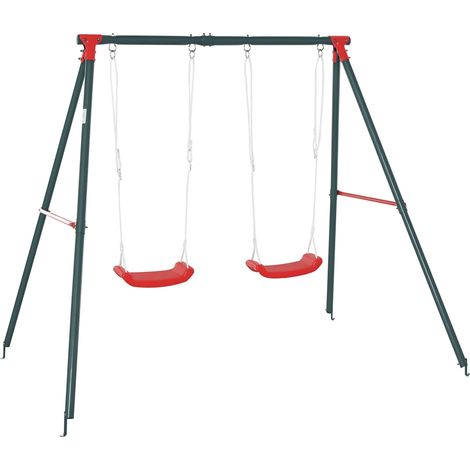 Doppelschaukel für Kinder ab 3 Jahren mit Metallgestell, verstellbares Seil, für den Außenbereich, max. Belastung 40 kg, 239 x 156 x 180 cm, Grün/Rot