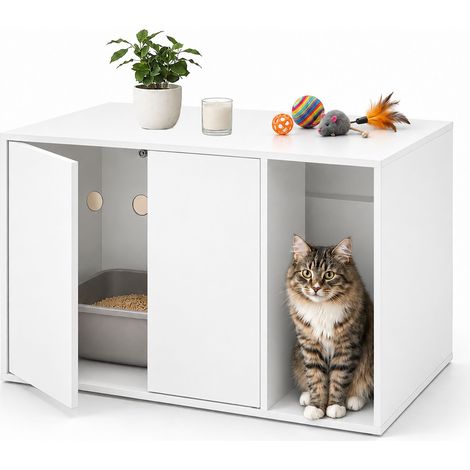 Relaxdays Mueble para Gatos, Arenero, Sistema Push-to-Open, 2 Puertas, 50 x 72 x 50 cm, Madera, Blanco