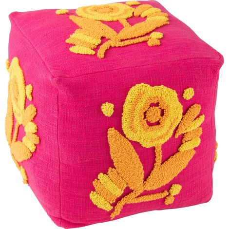 Pouf carré fleur coton rose orange jaune assise déco salon - Rose fuchsia fleurs jaune orange (1/4)