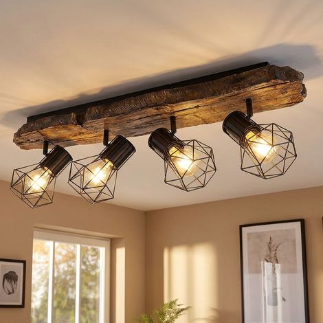 Globo – Plafonnier 4 flammes aspect bois noir et marron – Écrans grillagés – 4x E27 – Longueur 78 cm, largeur 15 cm, hauteur 24 cm – IP20 (1/5)