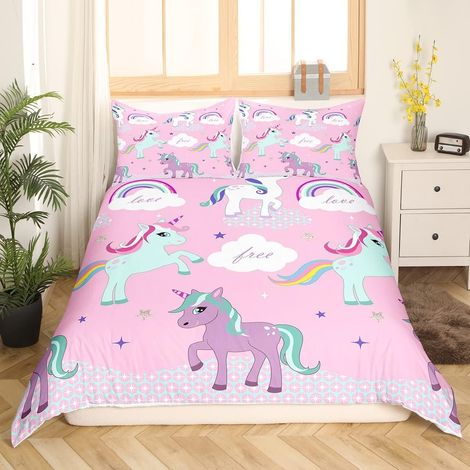 Joli Ensemble de literie Licorne Filles Animaux Mignons Housse de Couette Rose Enfants Arc-en-Ciel Nuage Magique Licorne Parure de lit avec Fermeture éclair, 220 x 240 cm Unicorn imprimé - 220x240cm (1/5)