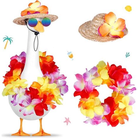 Costume Oie - Chapeau De Paille Hawaïen Et Couronne De Fleurs - Pour Statue De 23 Pouces Ou Animal De Compagnie - Décor Extérieur Été Plage Jardin (1/4)