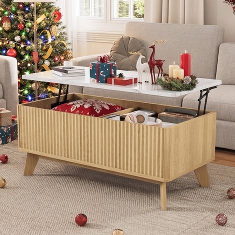 Table basse relevable rectangulaire 105 cm, Convertible en table à manger, Rangement intégré, Plateau en faux marbre blanc, Design cannelé nordique,style scandinave pour salon et salle de séjour,Coule (1/5)