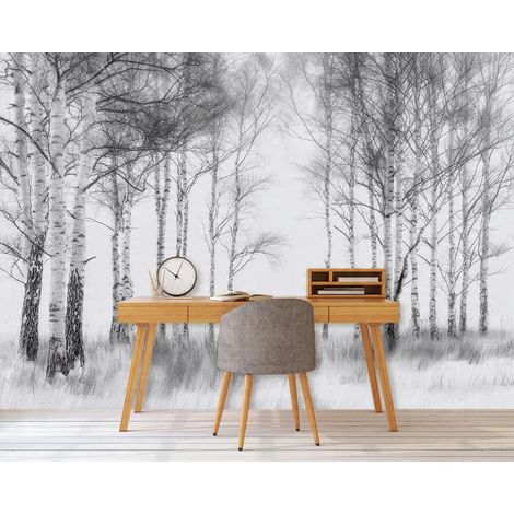 Fototapete Wald Schwarz Weiß Bäume 3D-Optik, für Wohnzimmer und Schlafzimmer, 150 x 105 cm – Komplettset inkl. Kleister & Anleitung (1/5)