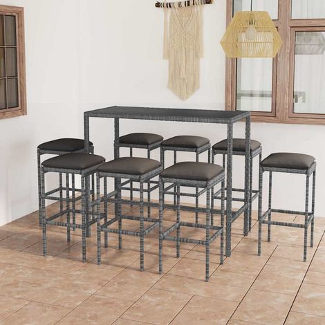 Ensemble Table de bar + 8 Chaises de bar de jardin - Table Haute avec 8 Tabourets et coussins Résine tressée Gris BV950319 - BonneVie (1/5)