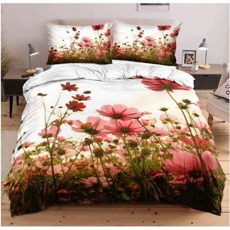 Housse de Couette 200x200 Fleurie Rose Blanc 3D Parure de Lit en Microfibre Motif Fleurs Adulte Parure Taies d'oreiller 65x65cm- (1/4)