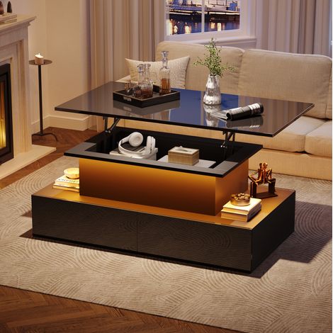 Table basse en panneaux de particules noir brillant avec LED et plateau coulissant 90 x 55 cm (1/5)