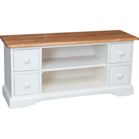 Country-style solid lime wood antiqued white frame natural top  W129xDP40xH60 cm sized  TV stand cabinet. Made in Italy (1/5)