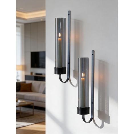 Porte Bougeoir Mural Appliques: Support de Bougie Noir en Métal avec Verre Fumé pour Décoration Murale Salon - 2 Pièces (1/4)