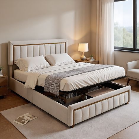 Lit coffre 160 x 200cm, Lit adulte, Garniture dorée, hydraulique, tissu en velours, cadre de lit double 160x200 cm, beige