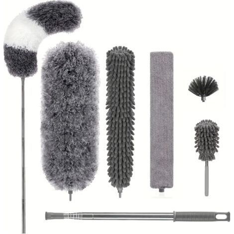 Lot de 7 Plumeau Poussière Télescopique Microfibre Nettoyage Kit avec Poignée Inoxydable Lavable Têtes Amovibles Balai Antipoussière (1/4)
