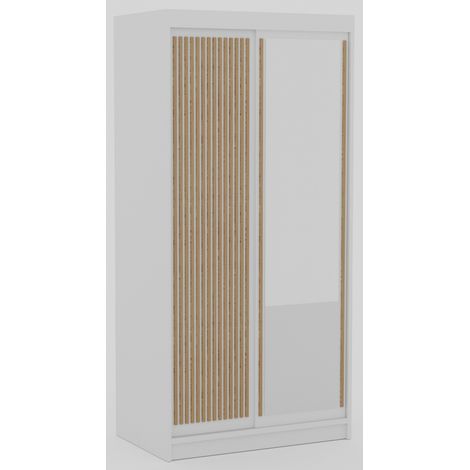 Les Tendances – Armoire coulissante 100 cm avec miroir – 2 portes coulissantes – Panneau stratifié 16 mm – 5 étagères + penderie – Blanc/Beige (1/5)
