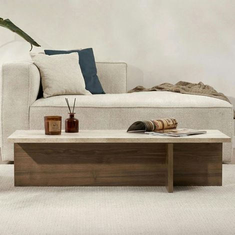 Table basse étroite décor travertin et noyer MARFA (1/5)