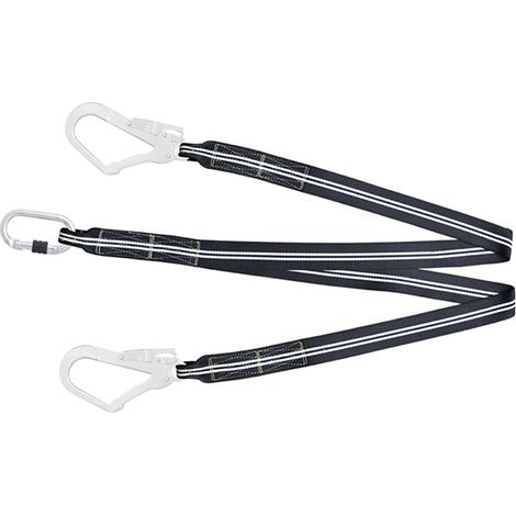 Linea di sicurezza a forcella in cinghia 1,5 m ignifuga con 1 moschettone a vite apertura 17 mm e due moschettoni da ponteggio apertura 55 mm - FA4040015