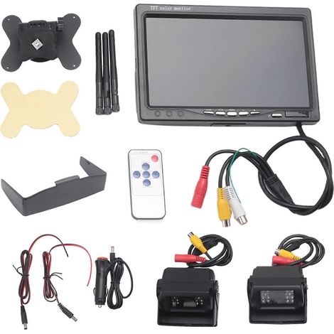 Monitor inalámbrico de 7 pulgadas resistente al agua para vehículos, kit de 2 cámaras de respaldo, monitor TFT LCD, asistencia de estacionamiento para autobuses, casas rodantes, camiones y vehículos r (1/5)
