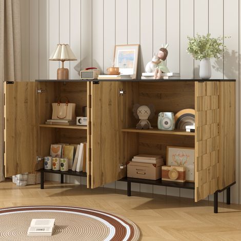 Buffet 2 portes, 160x35x80.5 cm, Meuble de rangement salon et entrée enfilade wabi-sabi, Bois de particules aspect mosaïque 3D et pieds métal, Naturel (1/5)
