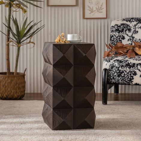 Table d'Appoint Rétro Carrée en Bois Massif avec Motifs en Relief 3D sans Assemblage - 37x37x60cm - Marron (1/5)