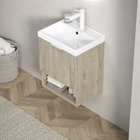 Meuble lavabo suspendu 42 cm avec vasque céramique blanche OKWISH (1/5)