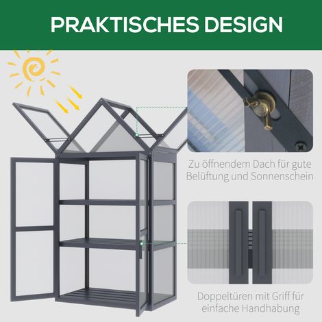 Châssis de jardin mini serre 3 niveaux avec toit ouvrant, doubles portes en bois et polycarbonate, résistant aux intempéries, naturel, 70,5 x 42 x 132 cm (1/4)