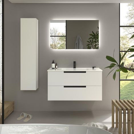 Mueble de Baño LENI 100cm Blanco Mate 2 cajones Lavabo 1 poza Porcelana (1/5)